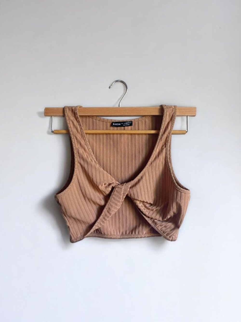 SHEIN Ribbed Fitted Front Twist Khaki Crop Tank Top Womens Large